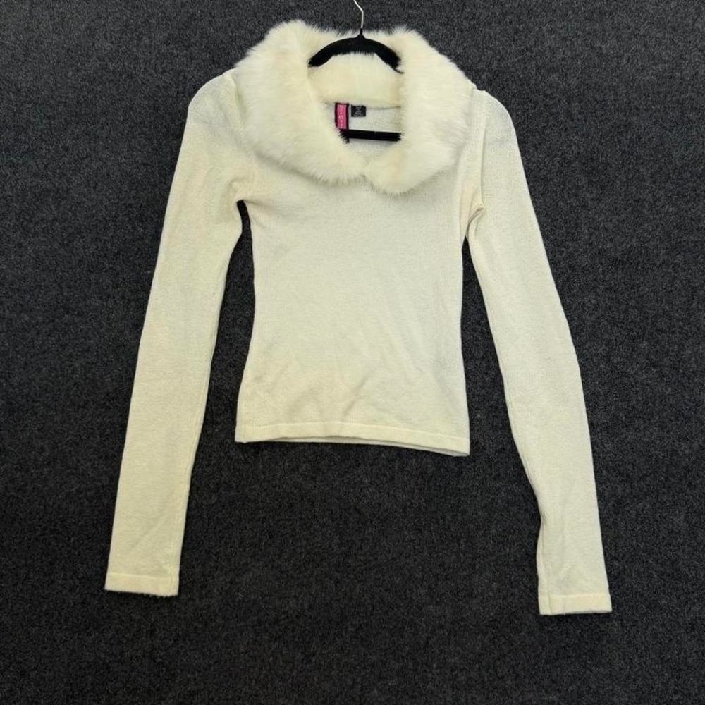 Say What Cream Faux Fur Collar Knit Y2K Sweater Womens Small Top